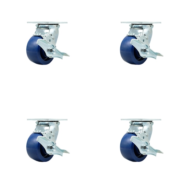 4 Inch Solid Polyurethane Swivel Caster Set with Ball Bearings and Brakes SCC